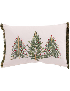 Coussin original Rectangulaire 45x30 en Coton Blanc Vert Avec franges Motif Sapins de Noël Everysa - 1