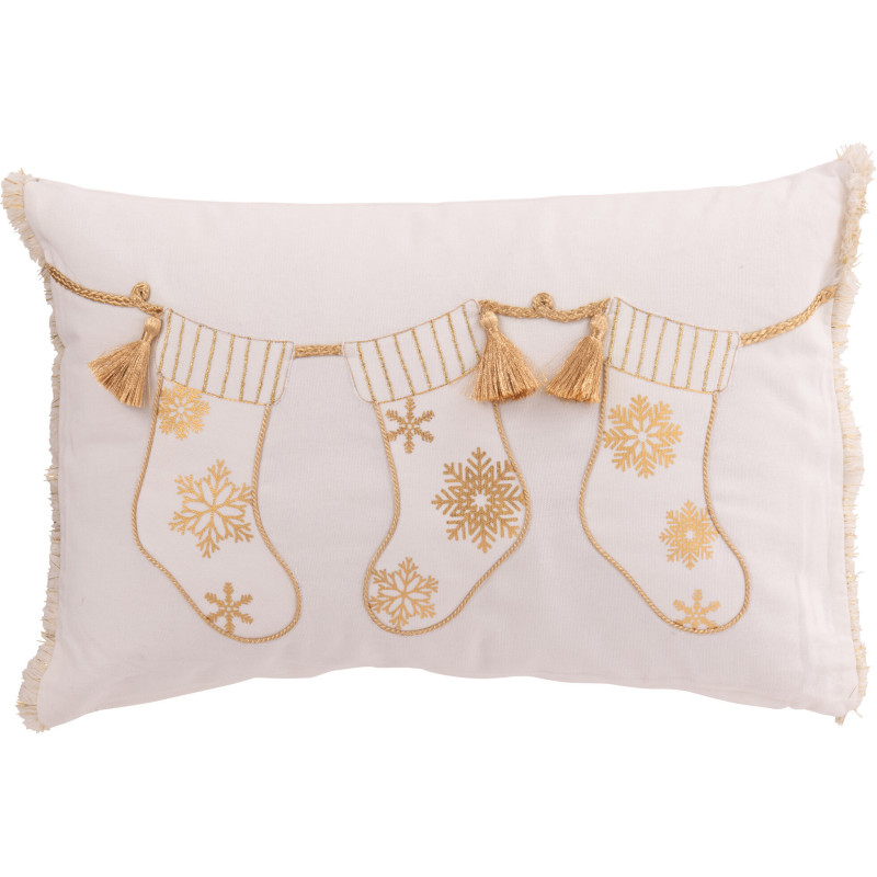 Coussin original Rectangulaire 45x30 en Coton Blanc Doré Motif chaussettes de Noël Jollyvia - 1