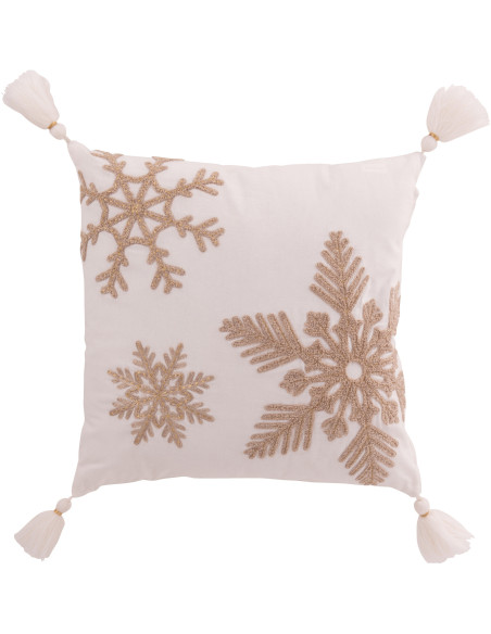 Coussin original Flocons de neige Carré 45x45 en Coton Blanc Beige Avec pompons Flakito - 1
