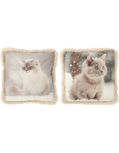 Coussin original Chat Carré 40x40 en Tissu Grège Blanc cassé Avec franges Wildora (Lot de 2) - 1