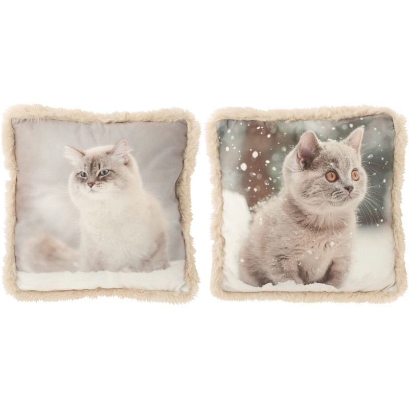 Coussin original Chat Carré 40x40 en Tissu Grège Blanc cassé Avec franges Wildora (Lot de 2) - 1