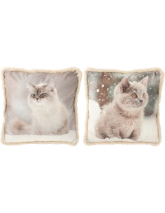 Grand Coussin original Chat Carré 60x60 en Tissu Grège Blanc cassé Avec franges Wildora (Lot de 2) - 1