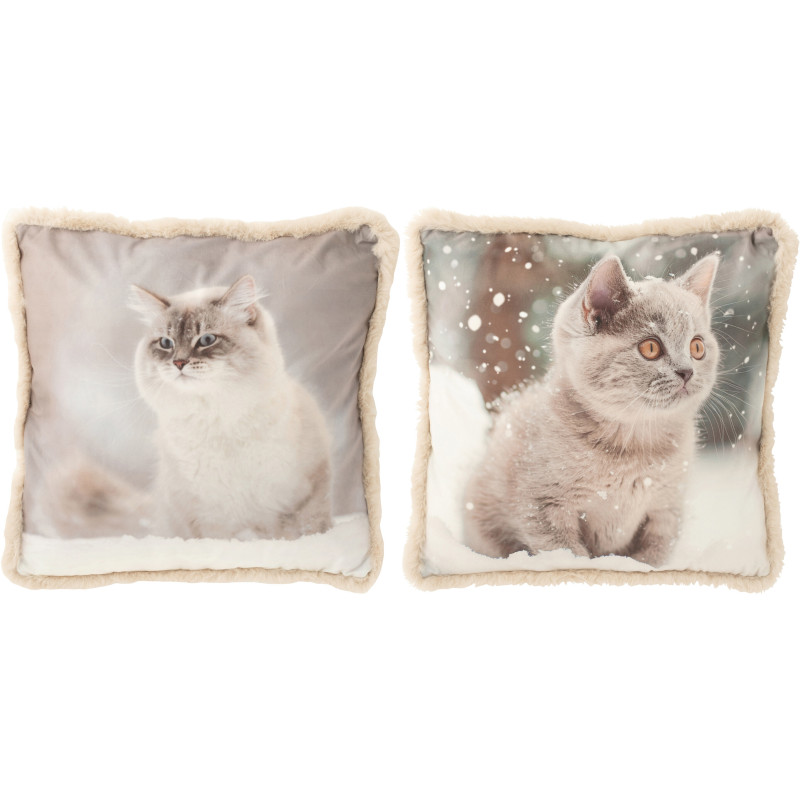 Grand Coussin original Chat Carré 60x60 en Tissu Grège Blanc cassé Avec franges Wildora (Lot de 2) - 1