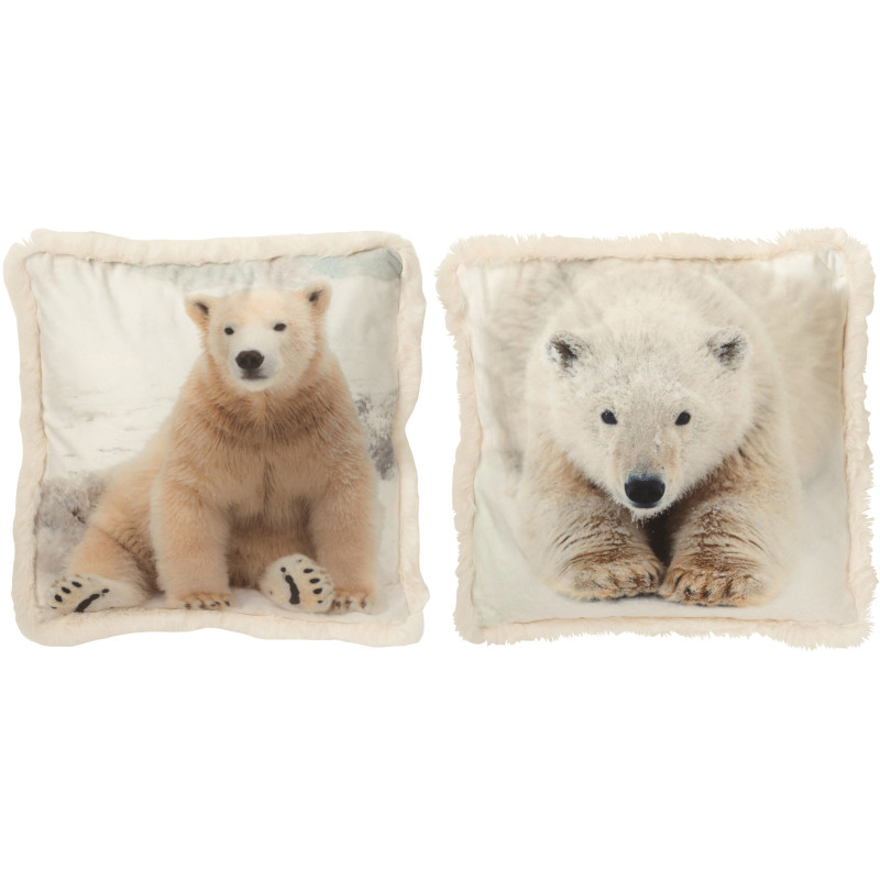 Coussin original Ours polaire Carré 40x40 en Tissu Blanc cassé Beige Avec franges Wildora (Lot de 2) - 1
