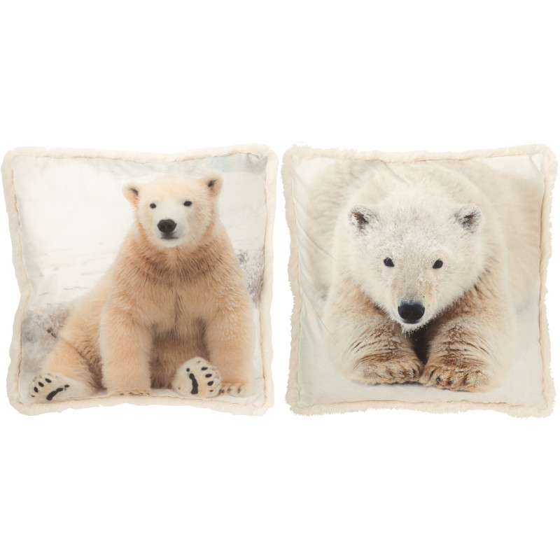 Grand Coussin original Ours polaire Carré 60x60 en Tissu Blanc cassé Beige Avec franges Wildora (Lot de 2) - 1