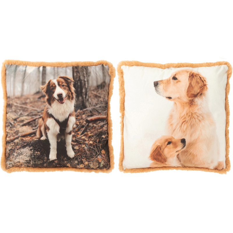 Grand Coussin original Chien Carré 60x60 en Tissu Marron Beige Avec franges Wildora (Lot de 2) - 1