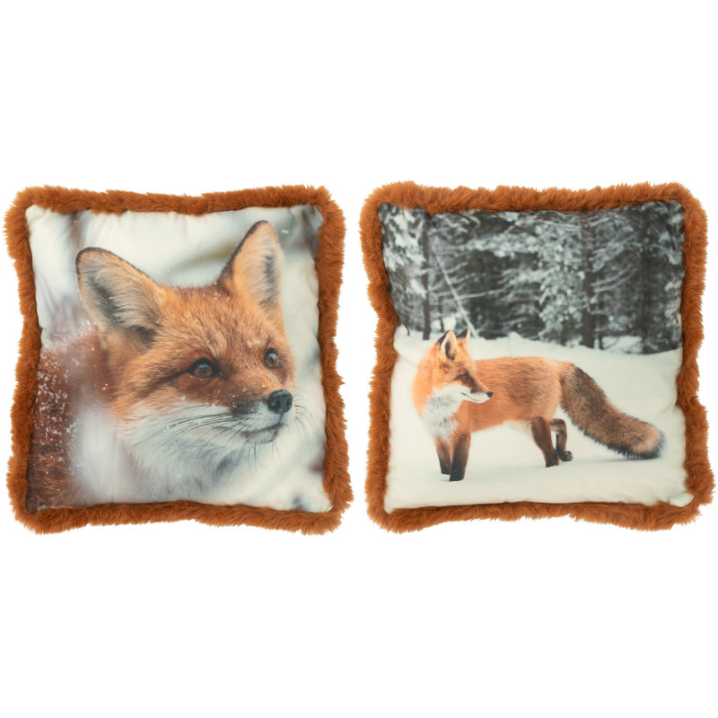 Coussin original Renard Carré 40x40 en Tissu Marron Cognac Avec franges Wildora (Lot de 2) - 1