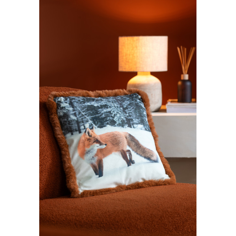 Coussin original Renard Carré 40x40 en Tissu Marron Cognac Avec franges Wildora (Lot de 2) - 3