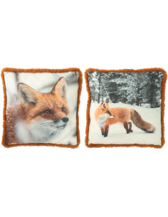 Grand Coussin original Renard Carré 60x60 en Tissu Marron Cognac Avec franges Wildora (Lot de 2) - 1