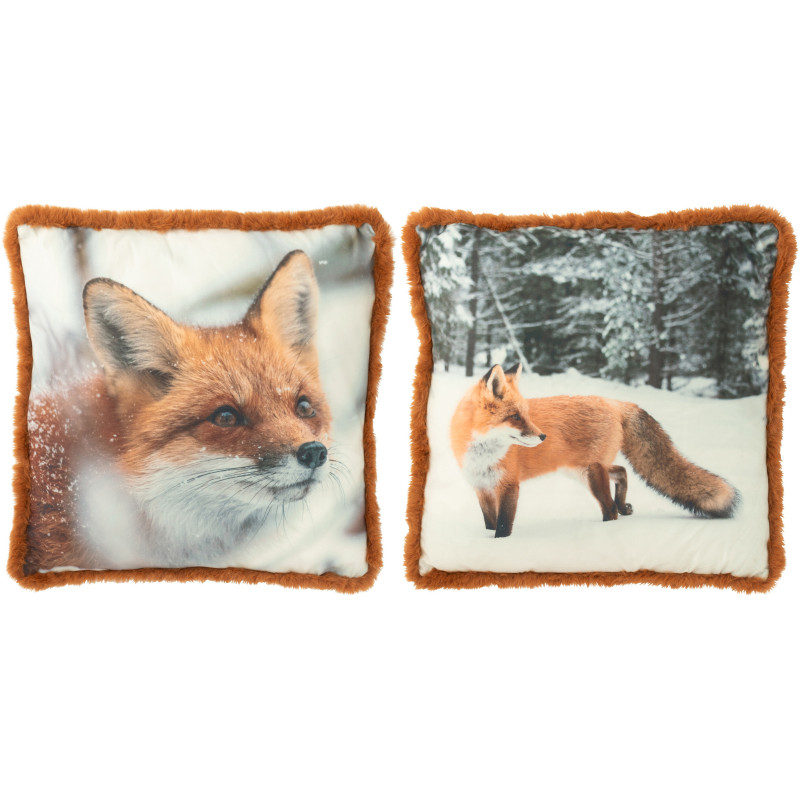 Grand Coussin original Renard Carré 60x60 en Tissu Marron Cognac Avec franges Wildora (Lot de 2) - 1