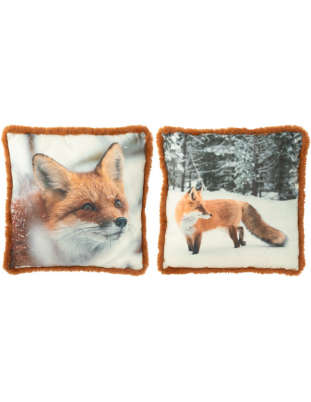 Grand Coussin original Renard Carré 60x60 en Tissu Marron Cognac Avec franges Wildora (Lot de 2) - 1