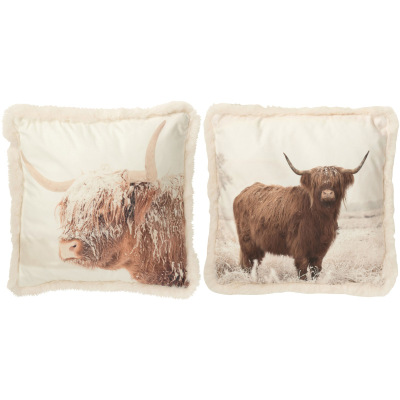 Coussin original Yack Carré 40x40 en Tissu Blanc cassé Marron Avec franges Wildora (Lot de 2) - 1