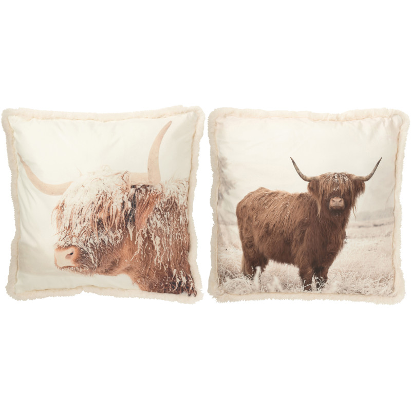 Grand Coussin original Yack Carré 60x60 en Tissu Blanc cassé Marron Avec franges Wildora (Lot de 2) - 1