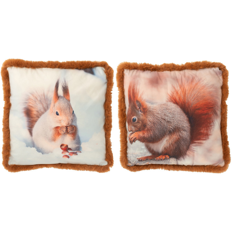 Coussin original Écureuil Carré 40x40 en Tissu Marron Blanc cassé Avec franges Wildora (Lot de 2) - 1