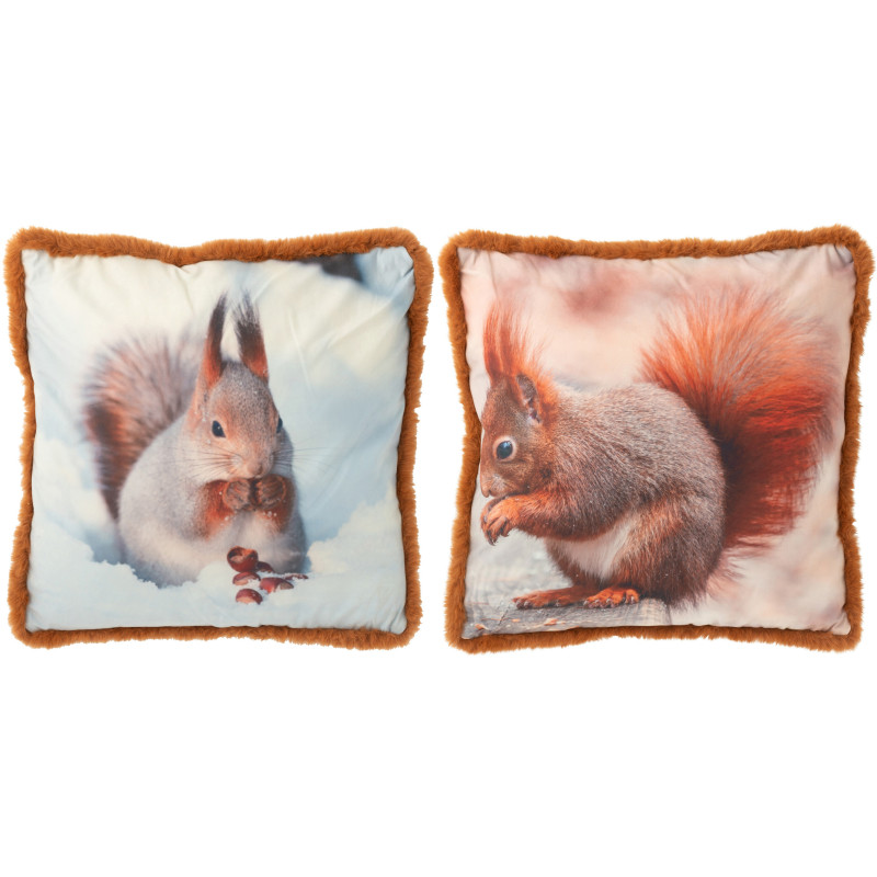 Grand Coussin original Écureuil Carré 60x60 en Tissu Marron Blanc cassé Avec franges Wildora (Lot de 2) - 1