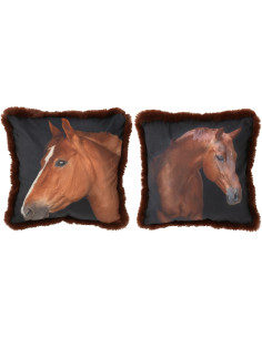 Coussin original Cheval Carré 40x40 en Tissu Marron Noir Avec franges Wildora (Lot de 2) - 1