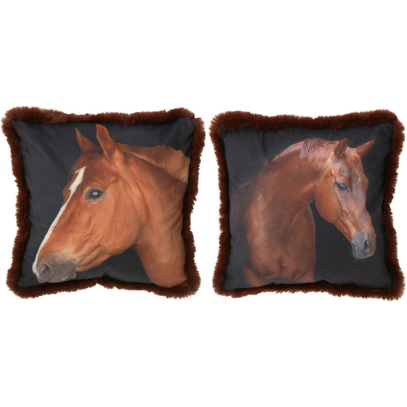 Coussin original Cheval Carré 40x40 en Tissu Marron Noir Avec franges Wildora (Lot de 2) - 1