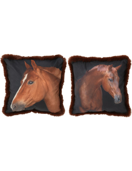 Coussin original Cheval Carré 40x40 en Tissu Marron Noir Avec franges Wildora (Lot de 2) - 1