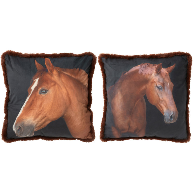 Grand Coussin original Cheval Carré 60x60 en Tissu Marron Noir Avec franges Wildora (Lot de 2) - 1