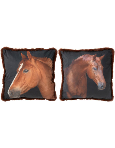 Grand Coussin original Cheval Carré 60x60 en Tissu Marron Noir Avec franges Wildora (Lot de 2) - 1