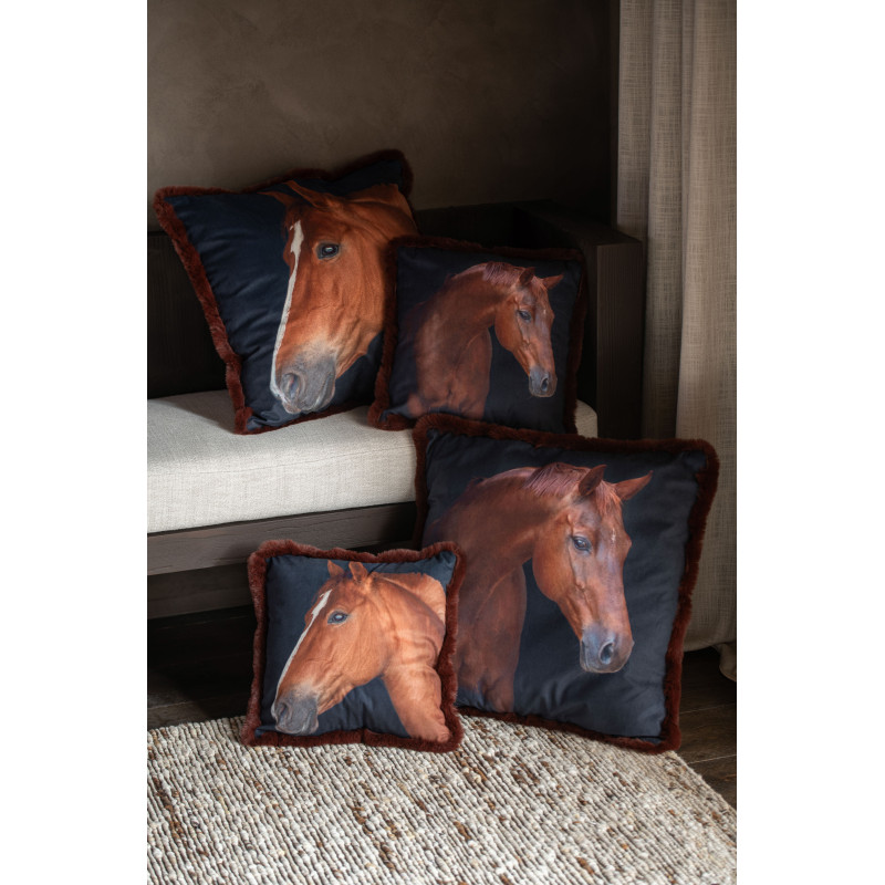 Grand Coussin original Cheval Carré 60x60 en Tissu Marron Noir Avec franges Wildora (Lot de 2) - 2