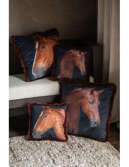 Grand Coussin original Cheval Carré 60x60 en Tissu Marron Noir Avec franges Wildora (Lot de 2) - 2