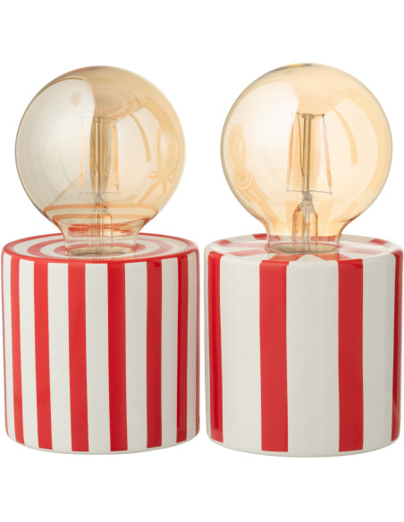 Lampe à poser originale sans fil Hauteur 17 cm en Dolomite Rouge Blanc Brillant Motif lignes Lines (Lot de 2) - 1