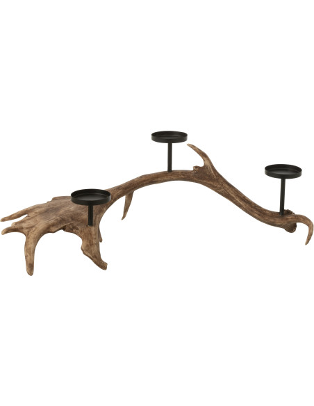 Grand Chandelier original branche Bois de cerf 3 bougies 62 cm en Résine Marron Métal Noir Antlers - 1