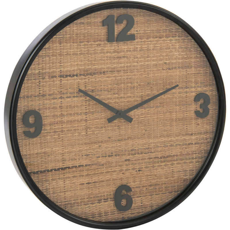 Grande Horloge murale moderne Ronde 60 cm en Bois MDF Noir Rotin Naturel Tressé Timpora - 1
