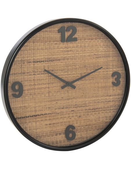 Grande Horloge murale moderne Ronde 60 cm en Bois MDF Noir Rotin Naturel Tressé Timpora - 1