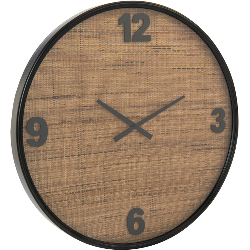 Grande Horloge murale moderne Ronde 80 cm en Bois MDF Noir Rotin Naturel Tressé Timpora - 1