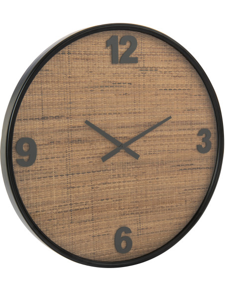 Grande Horloge murale moderne Ronde 80 cm en Bois MDF Noir Rotin Naturel Tressé Timpora - 1