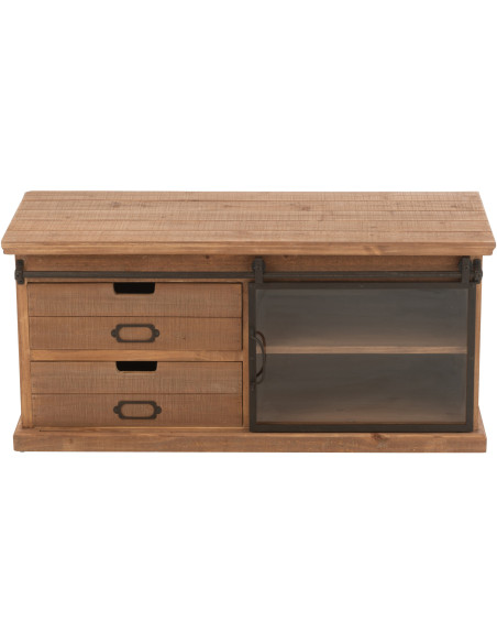 Meuble télé industriel chic 1 porte 2 tiroirs en Bois MDF Naturel Verre Transparent Métal Noir Sinastra - 2