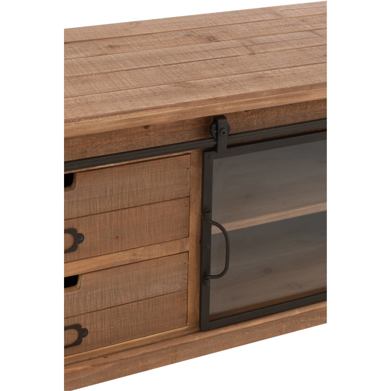 Meuble télé industriel chic 1 porte 2 tiroirs en Bois MDF Naturel Verre Transparent Métal Noir Sinastra - 6