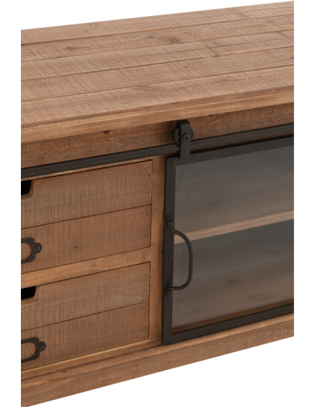 Meuble télé industriel chic 1 porte 2 tiroirs en Bois MDF Naturel Verre Transparent Métal Noir Sinastra - 6