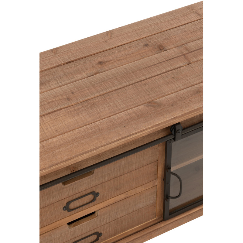 Meuble télé industriel chic 1 porte 2 tiroirs en Bois MDF Naturel Verre Transparent Métal Noir Sinastra - 7