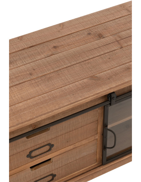 Meuble télé industriel chic 1 porte 2 tiroirs en Bois MDF Naturel Verre Transparent Métal Noir Sinastra - 7