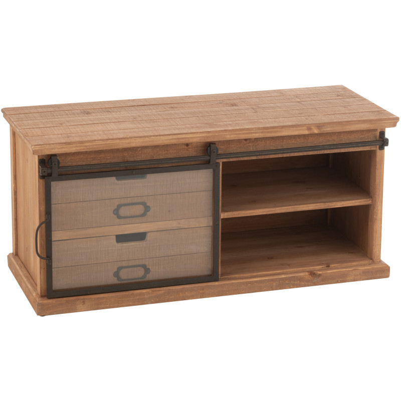 Meuble télé industriel chic 1 porte 2 tiroirs en Bois MDF Naturel Verre Transparent Métal Noir Sinastra - 9