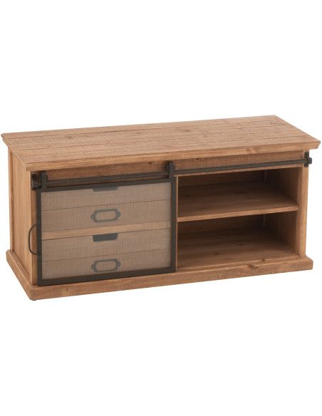 Meuble télé industriel chic 1 porte 2 tiroirs en Bois MDF Naturel Verre Transparent Métal Noir Sinastra - 9