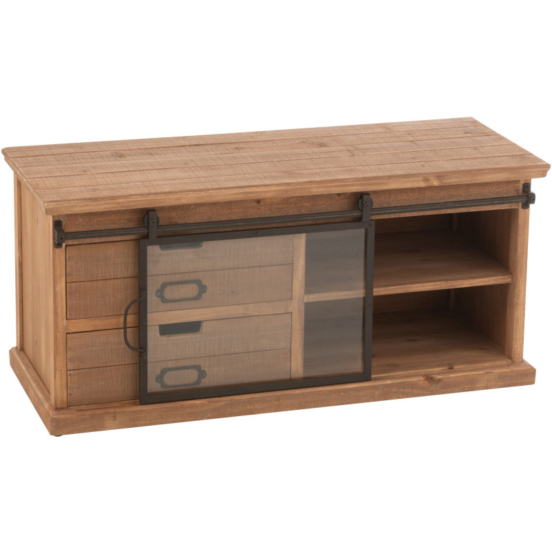 Meuble télé industriel chic 1 porte 2 tiroirs en Bois MDF Naturel Verre Transparent Métal Noir Sinastra - 10