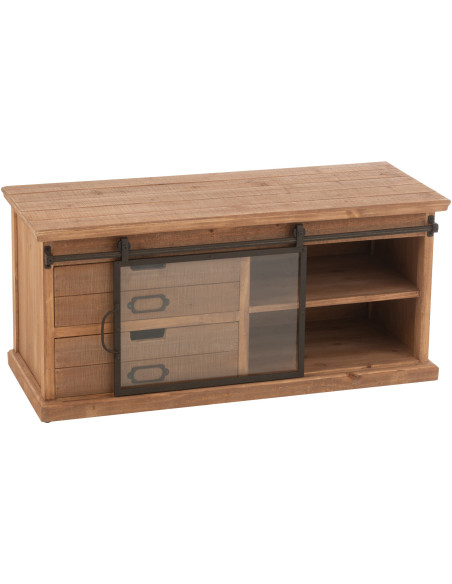 Meuble télé industriel chic 1 porte 2 tiroirs en Bois MDF Naturel Verre Transparent Métal Noir Sinastra - 10