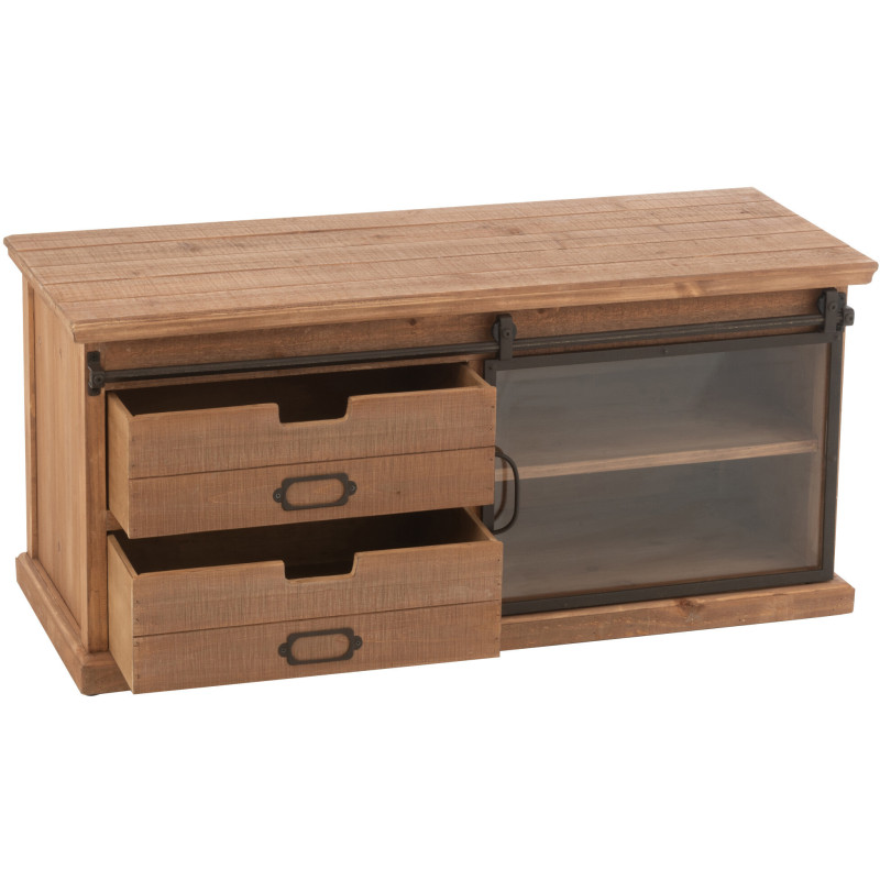 Meuble télé industriel chic 1 porte 2 tiroirs en Bois MDF Naturel Verre Transparent Métal Noir Sinastra - 11