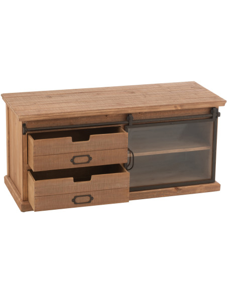 Meuble télé industriel chic 1 porte 2 tiroirs en Bois MDF Naturel Verre Transparent Métal Noir Sinastra - 11