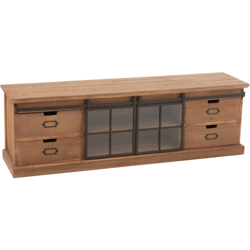 Grand Meuble télé industriel chic 2 portes 4 tiroirs en Bois MDF Naturel Verre Transparent Métal Noir Sinastra - 1