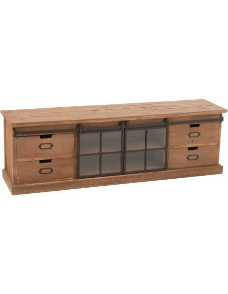 Grand Meuble télé industriel chic 2 portes 4 tiroirs en Bois MDF Naturel Verre Transparent Métal Noir Sinastra - 1