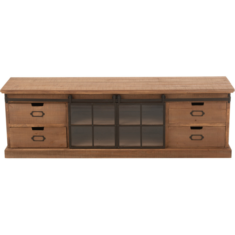 Grand Meuble télé industriel chic 2 portes 4 tiroirs en Bois MDF Naturel Verre Transparent Métal Noir Sinastra - 2