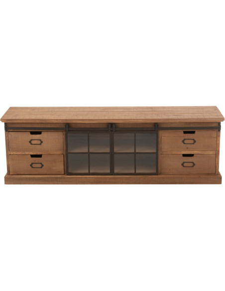Grand Meuble télé industriel chic 2 portes 4 tiroirs en Bois MDF Naturel Verre Transparent Métal Noir Sinastra - 2