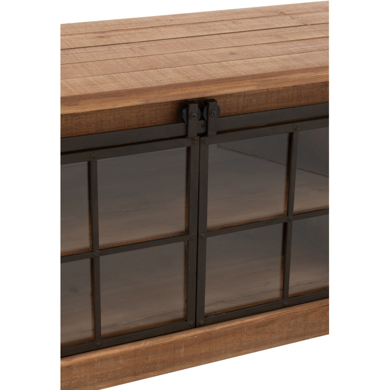 Grand Meuble télé industriel chic 2 portes 4 tiroirs en Bois MDF Naturel Verre Transparent Métal Noir Sinastra - 6