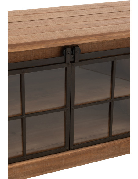 Grand Meuble télé industriel chic 2 portes 4 tiroirs en Bois MDF Naturel Verre Transparent Métal Noir Sinastra - 6