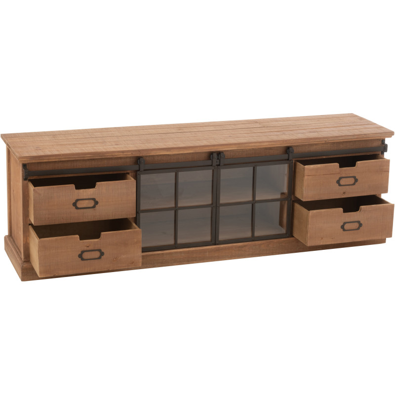 Grand Meuble télé industriel chic 2 portes 4 tiroirs en Bois MDF Naturel Verre Transparent Métal Noir Sinastra - 7